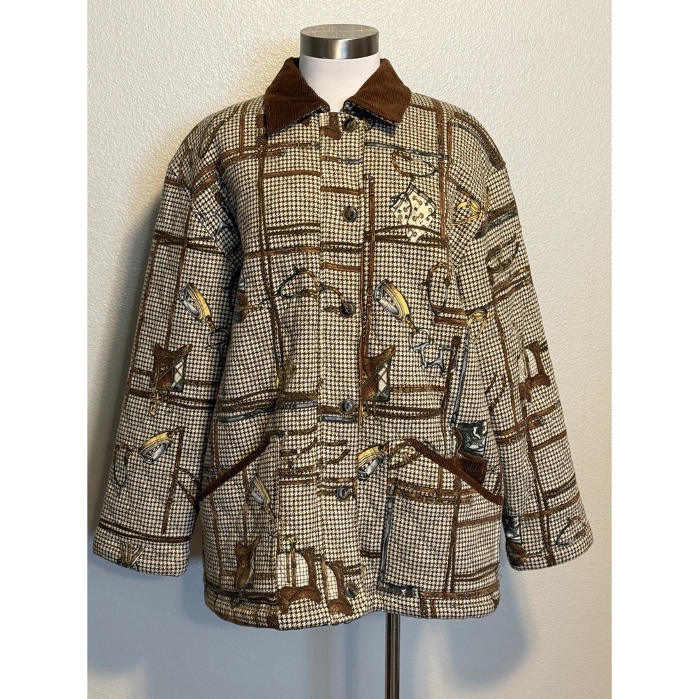 JONES NY VTG Women Coat Large Houndstooth Brown Barn Chore Equestrian Quilted